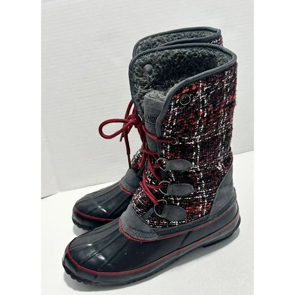 Khombu Elysse Rubber Upper Water Resistant Boots Plaid Lace Up Black‎ Red 8